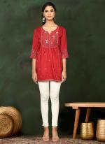 Viscose Blend Maroon Casual Wear Embroidery Work Readymade Short Top